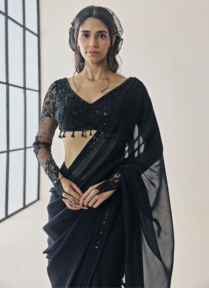 Seema Thukral Black Georgette Pre-Draped Saree SetFabilicious Fashion