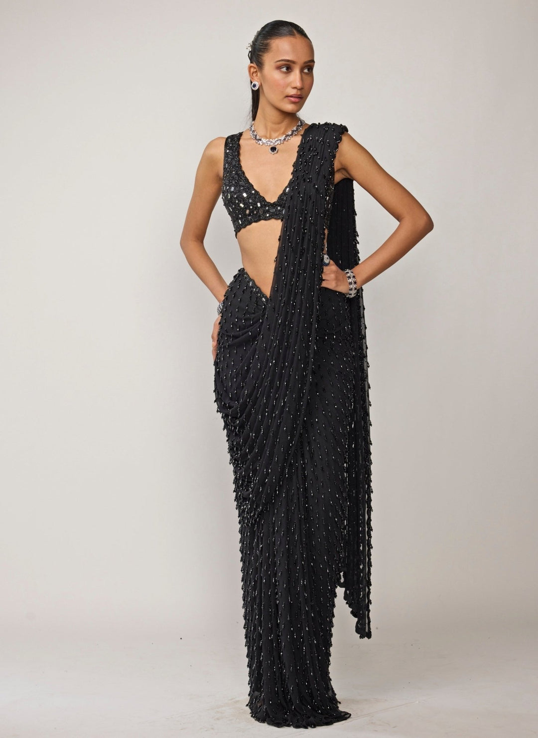 Vvani by Vani Vats Black Georgette Pre-Draped Saree SetFabilicious Fashion