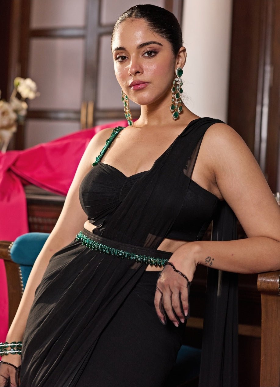 Black Georgette Pre Draped Saree With Bustier Blouse Seema Thukral - Fabilicious Fashion