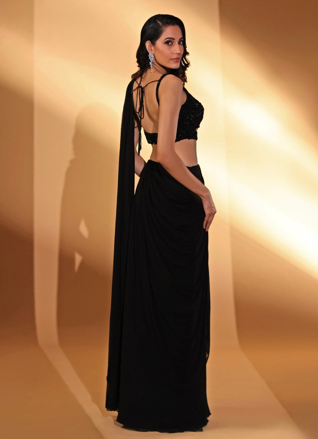 Black Georgette Pre - Draped Saree Kiyohra - Fabilicious Fashion