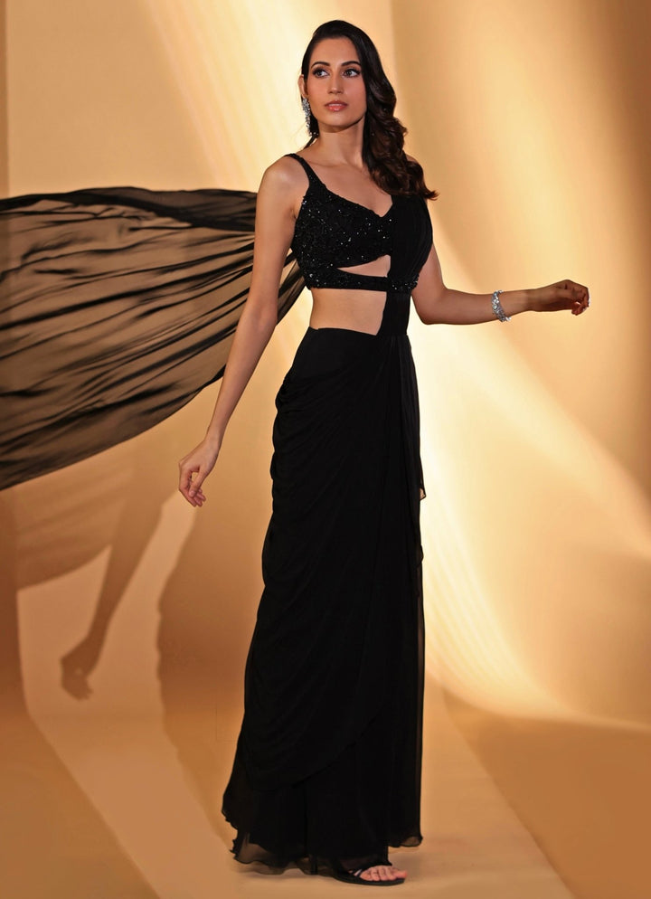 Black Georgette Pre - Draped Saree Kiyohra - Fabilicious Fashion