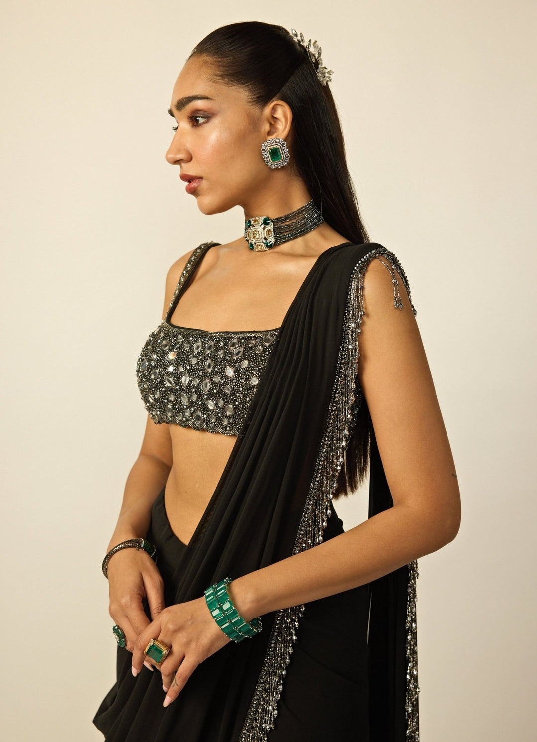 Black Georgette Pre - Draped Saree Vvani by Vani Vats - Fabilicious Fashion
