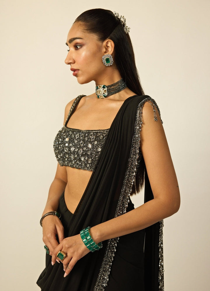 Black Georgette Pre - Draped Saree Vvani by Vani Vats - Fabilicious Fashion