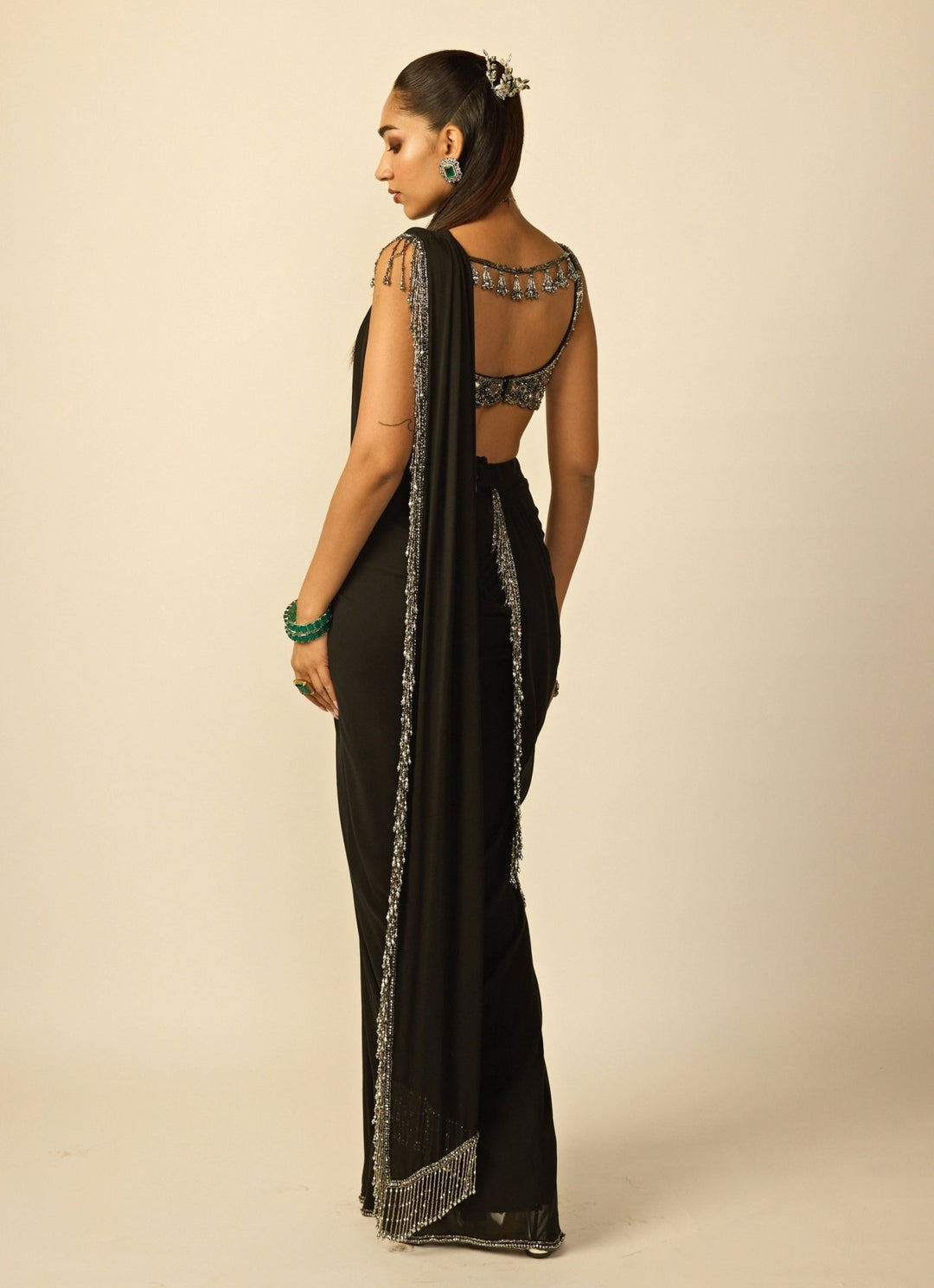Black Georgette Pre - Draped Saree Vvani by Vani Vats - Fabilicious Fashion