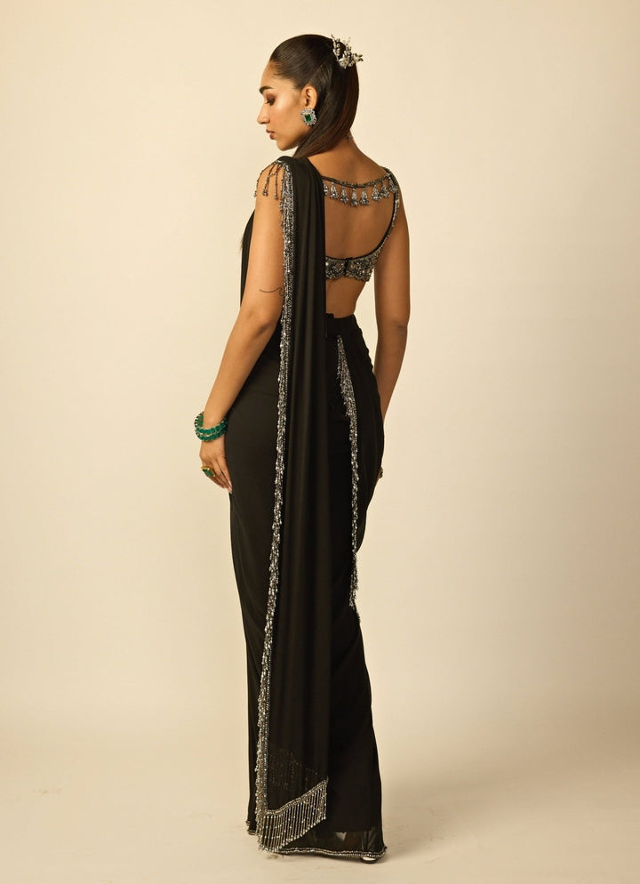 Black Georgette Pre - Draped Saree Vvani by Vani Vats - Fabilicious Fashion