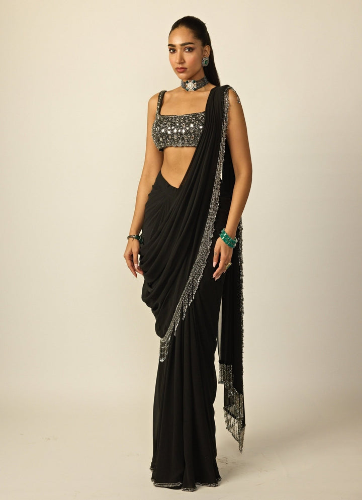 Black Georgette Pre - Draped Saree Vvani by Vani Vats - Fabilicious Fashion