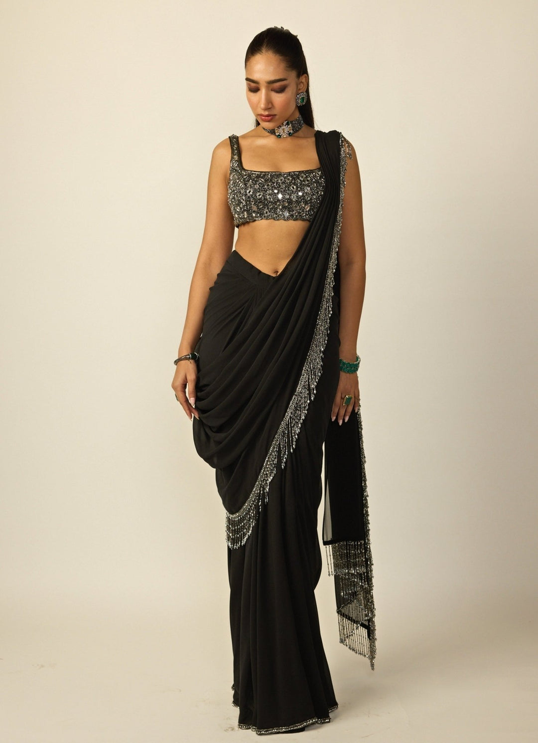 Black Georgette Pre - Draped Saree Vvani by Vani Vats - Fabilicious Fashion