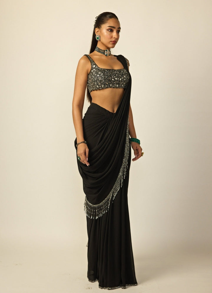 Black Georgette Pre - Draped Saree Vvani by Vani Vats - Fabilicious Fashion
