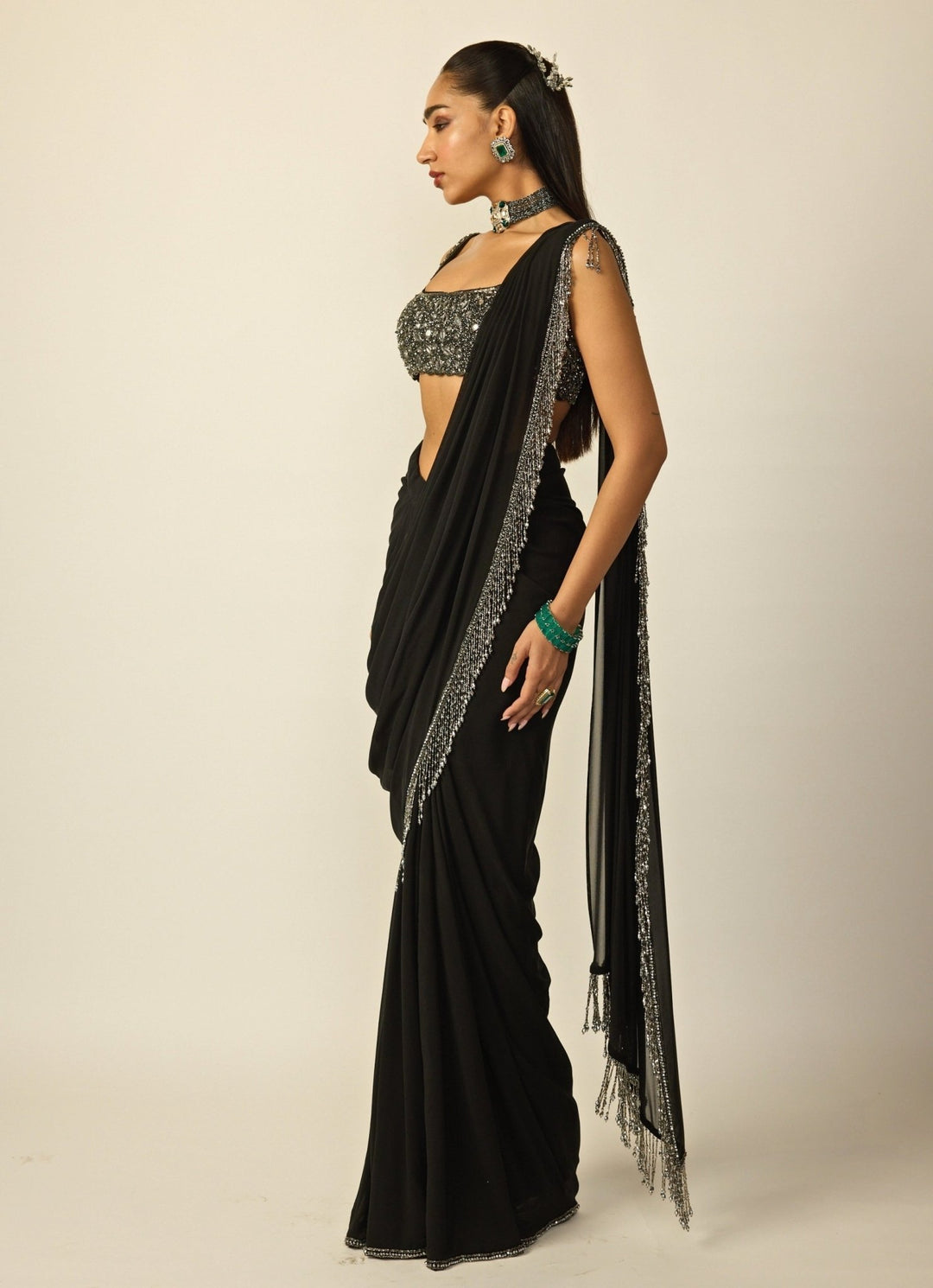 Black Georgette Pre - Draped Saree Vvani by Vani Vats - Fabilicious Fashion
