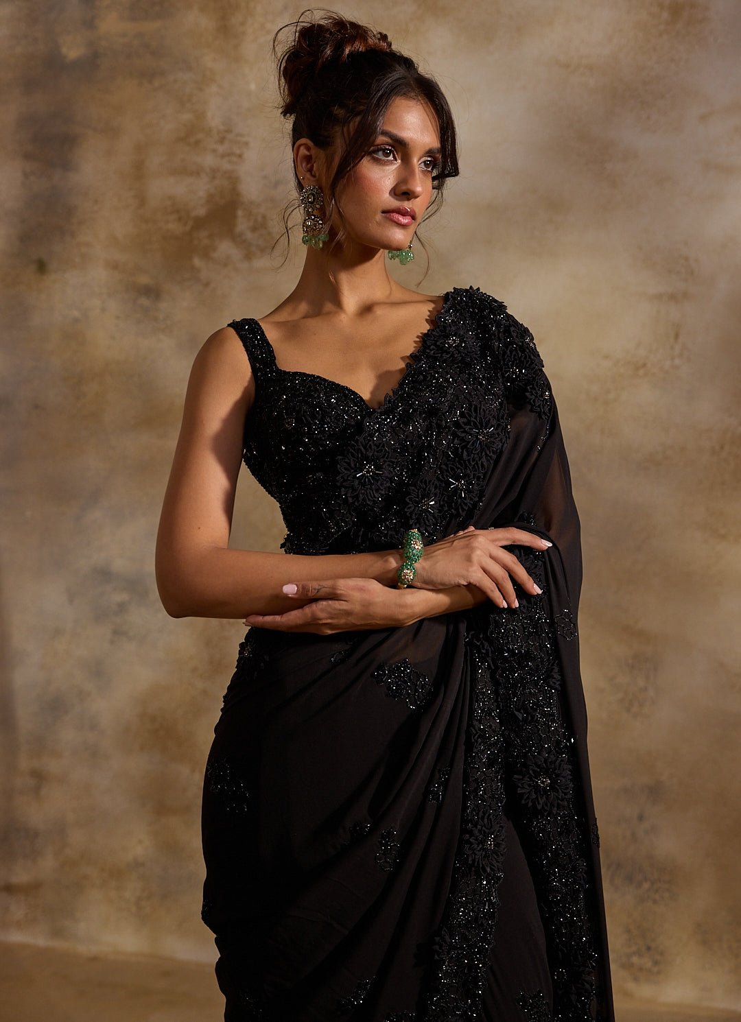 Black georgette designer saree for evening party wear