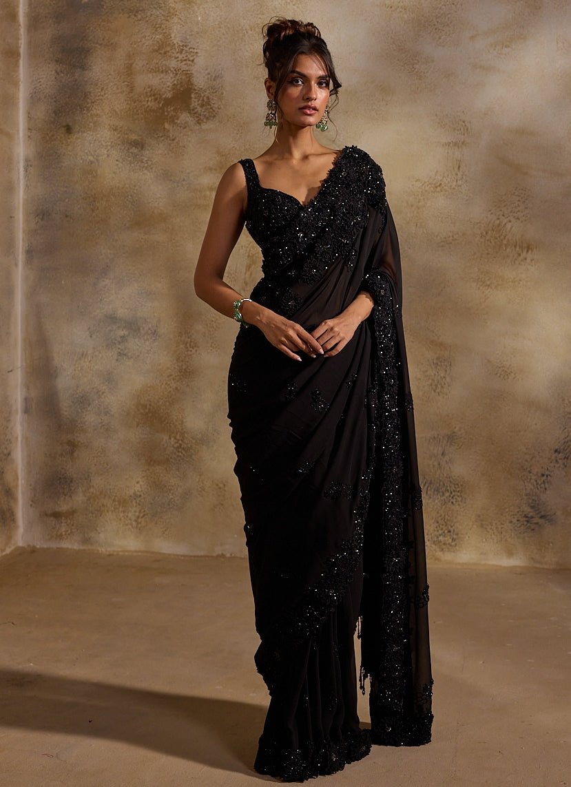 Black georgette saree — subtle embroidered mother of the bride saree