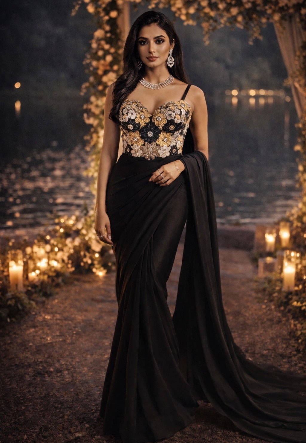 Black Georgette Saree With Corset Blouse Shrena Hirawat - Fabilicious Fashion