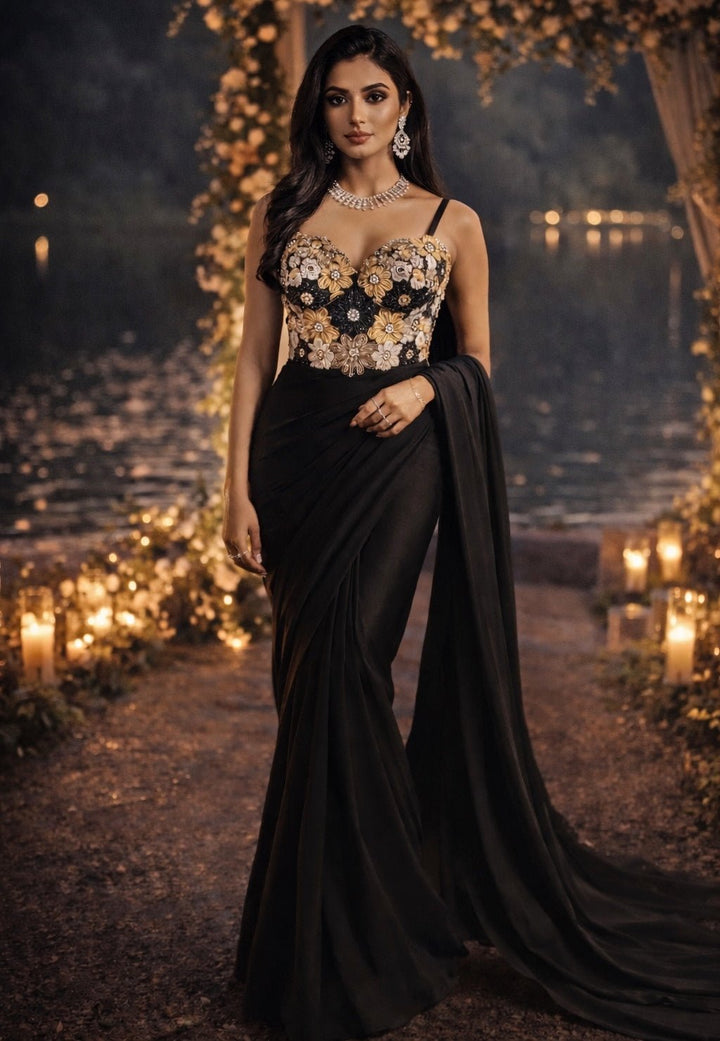 Black Georgette Saree With Corset Blouse Shrena Hirawat - Fabilicious Fashion