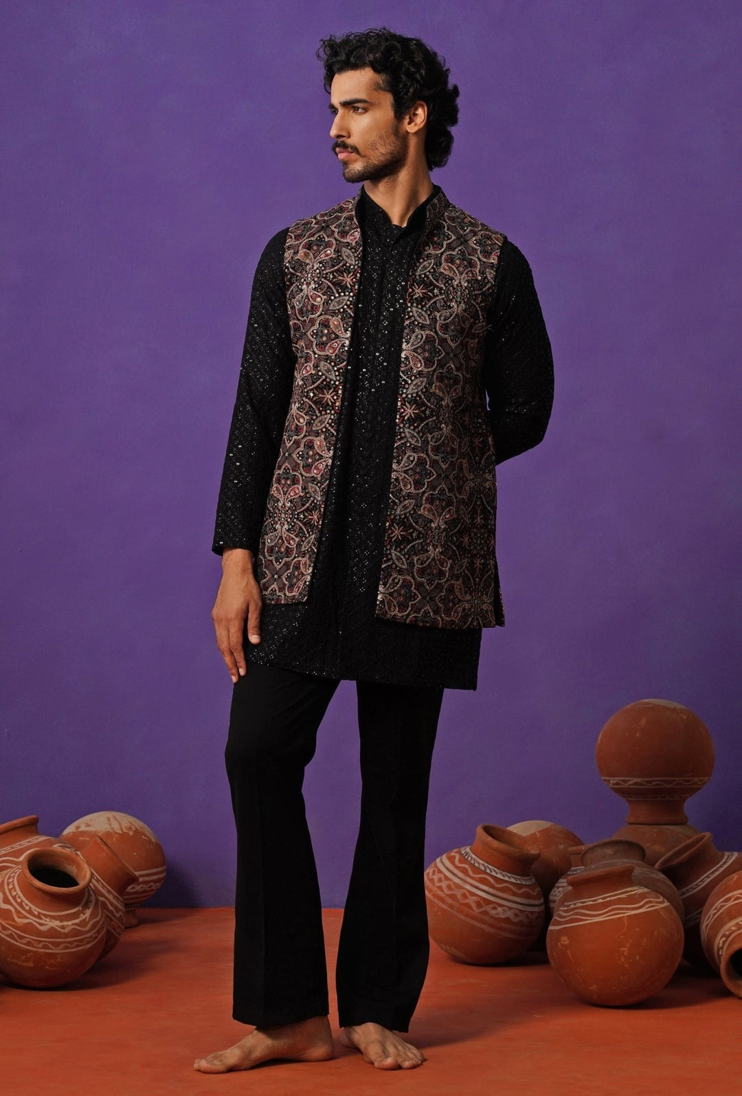 Black Georgette Short Kurta Jacket Set Kalpraag - Fabilicious Fashion