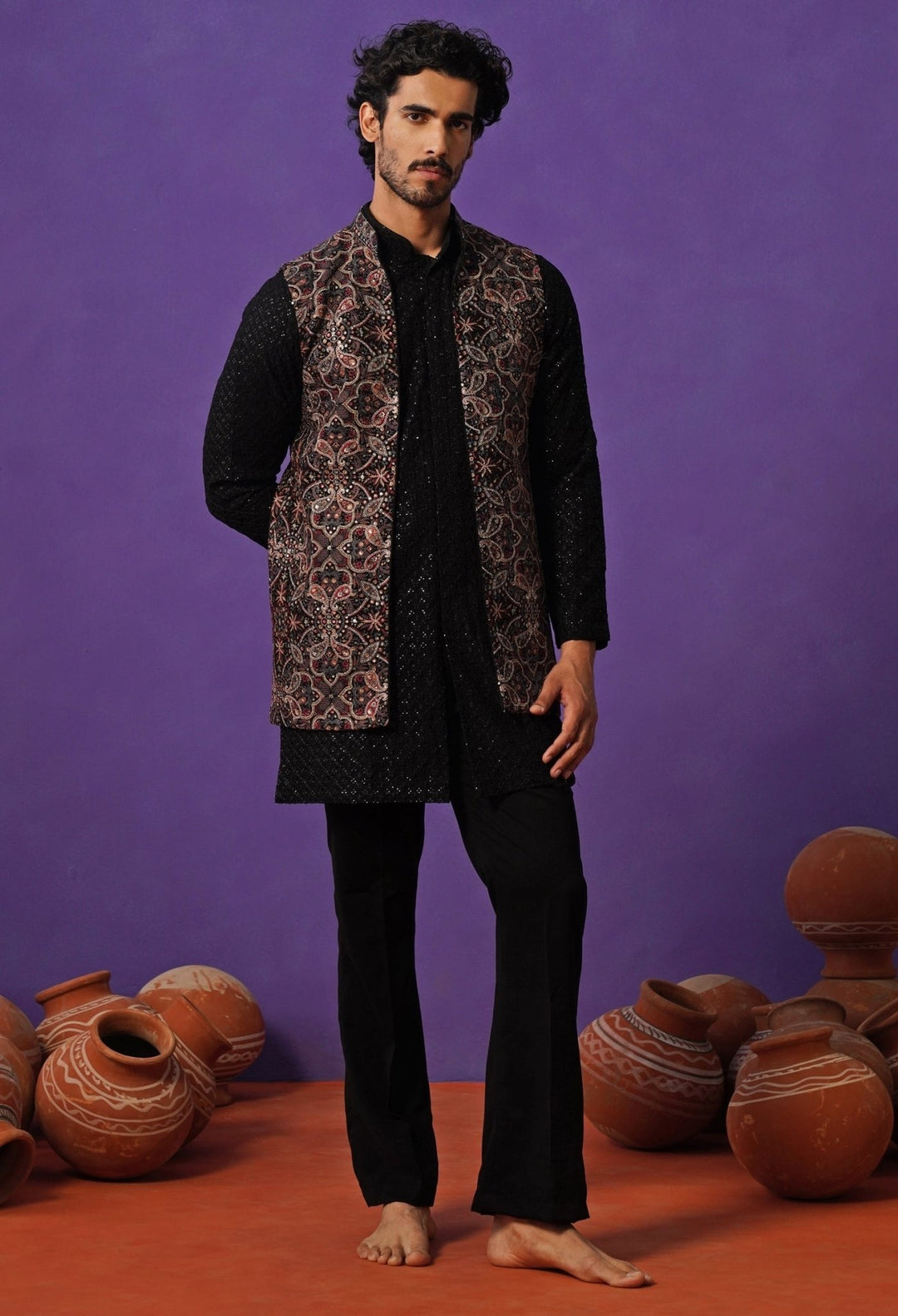 Black Georgette Short Kurta Jacket Set Kalpraag - Fabilicious Fashion