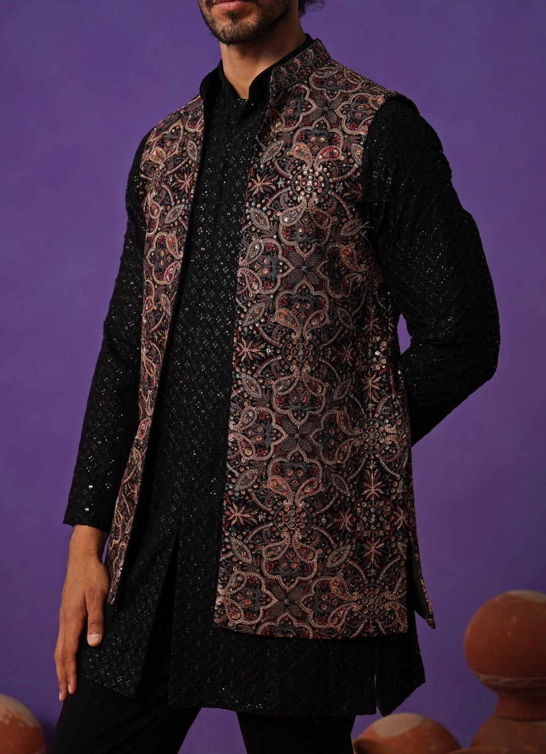 Black Georgette Short Kurta Jacket Set Kalpraag - Fabilicious Fashion