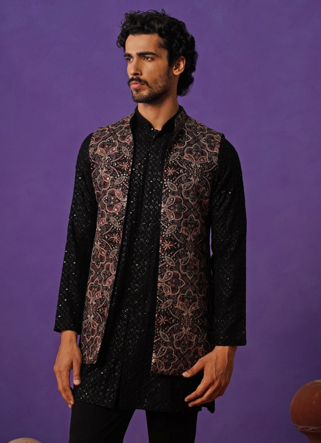 Black Georgette Short Kurta Jacket Set Kalpraag - Fabilicious Fashion