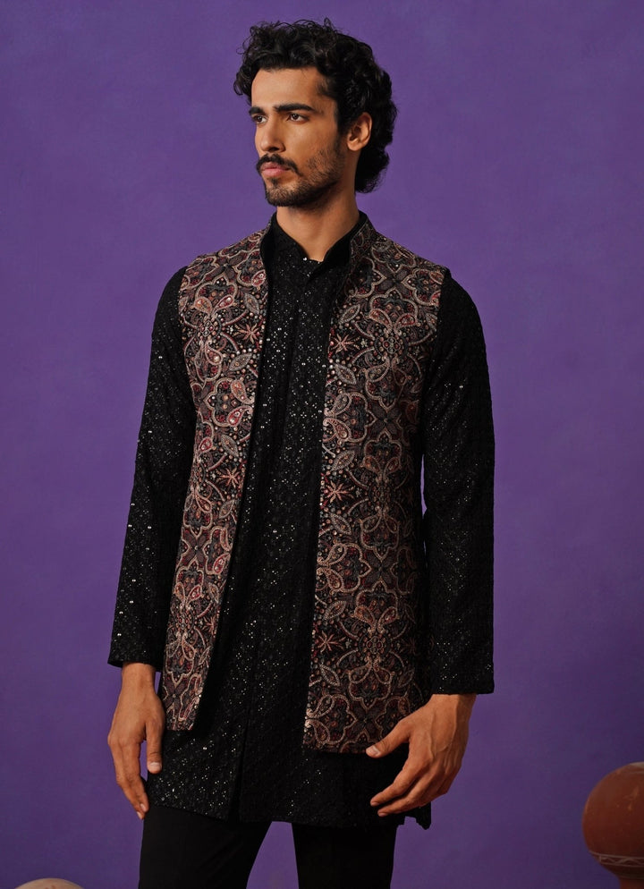 Black Georgette Short Kurta Jacket Set Kalpraag - Fabilicious Fashion