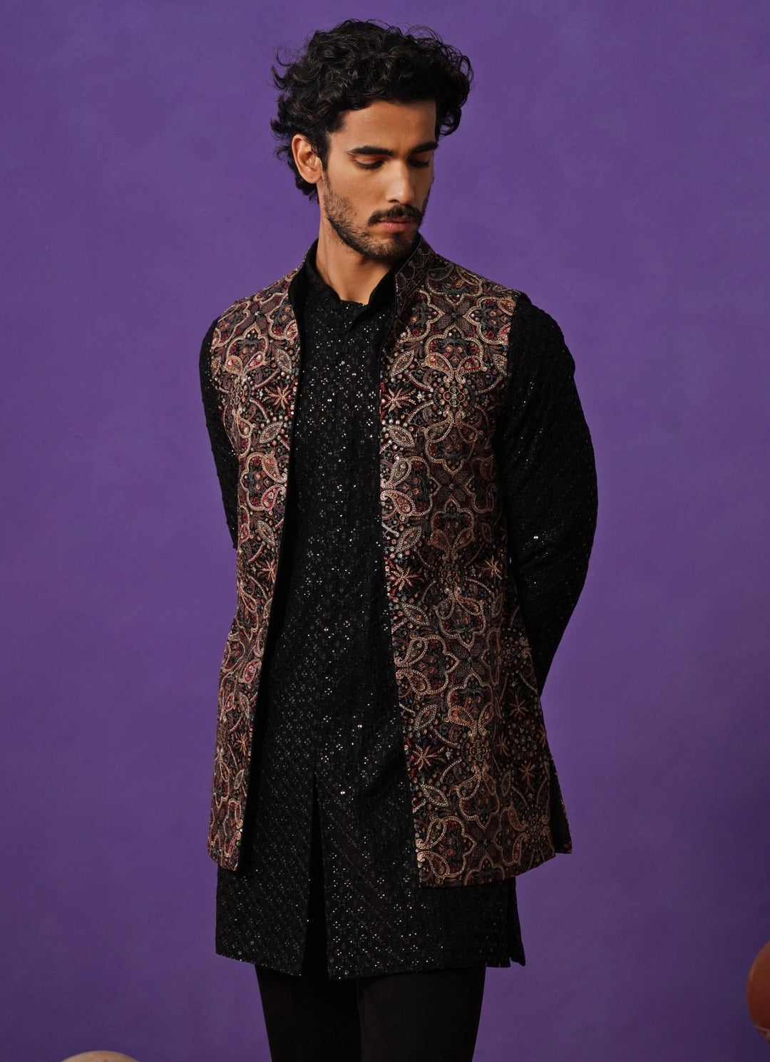 Black Georgette Short Kurta Jacket Set Kalpraag - Fabilicious Fashion