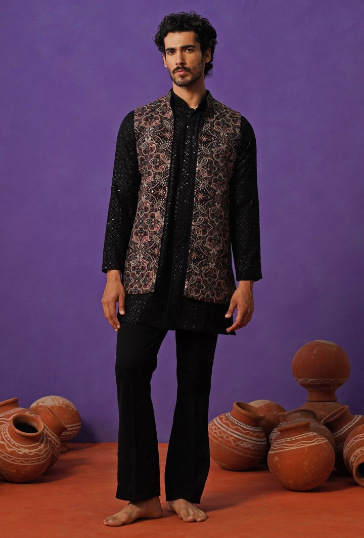 Black Georgette Short Kurta Jacket Set Kalpraag - Fabilicious Fashion