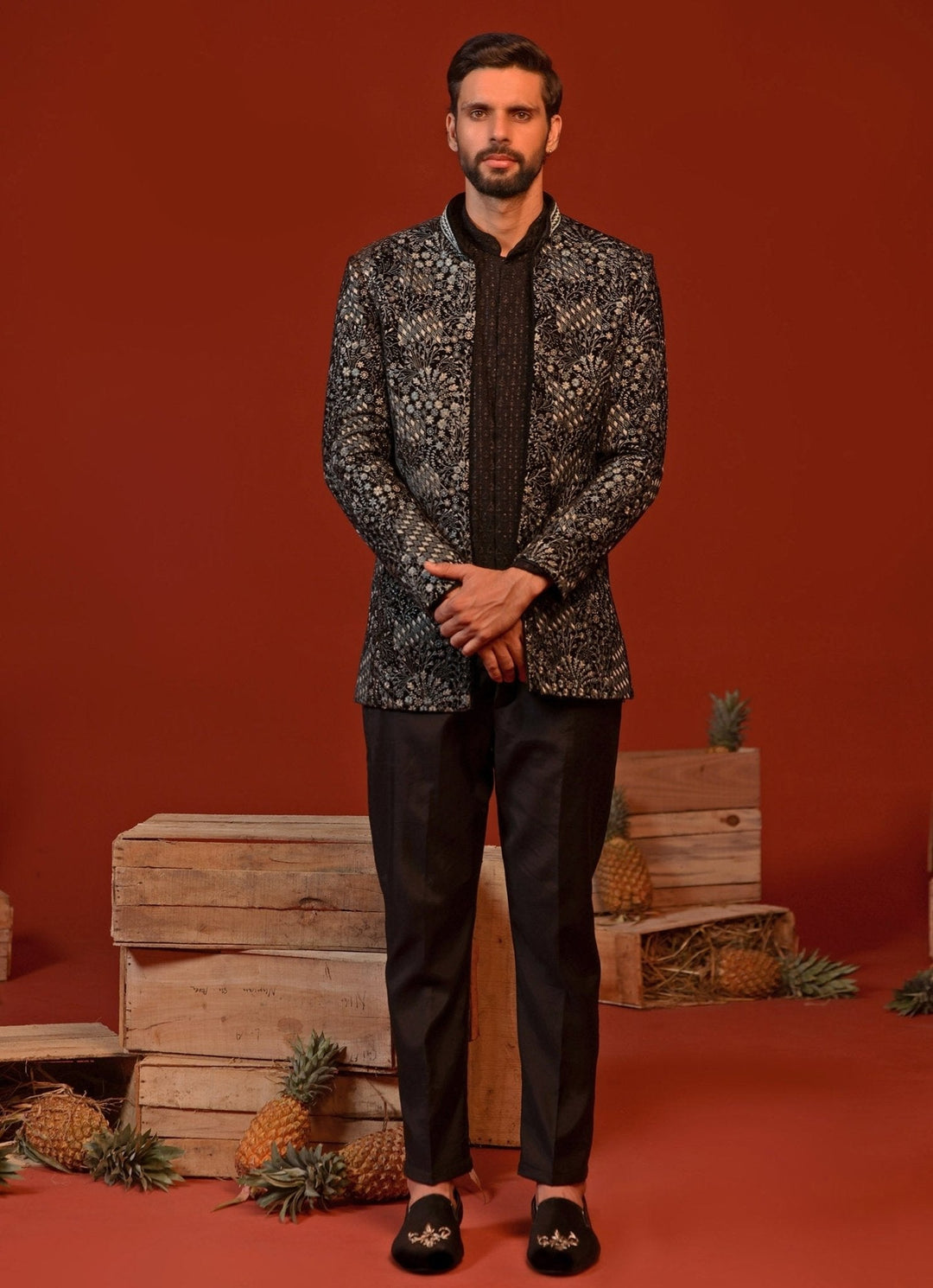 Black Hand - Embroidered Velvet Jodhpuri Suit Kalpraag - Fabilicious Fashion