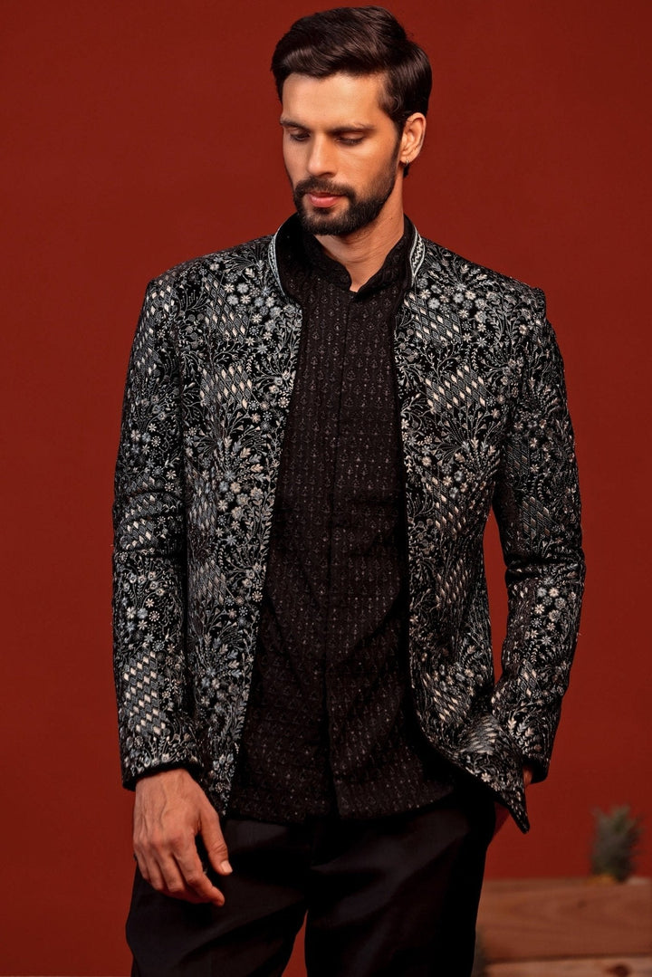Black Hand - Embroidered Velvet Jodhpuri Suit Kalpraag - Fabilicious Fashion