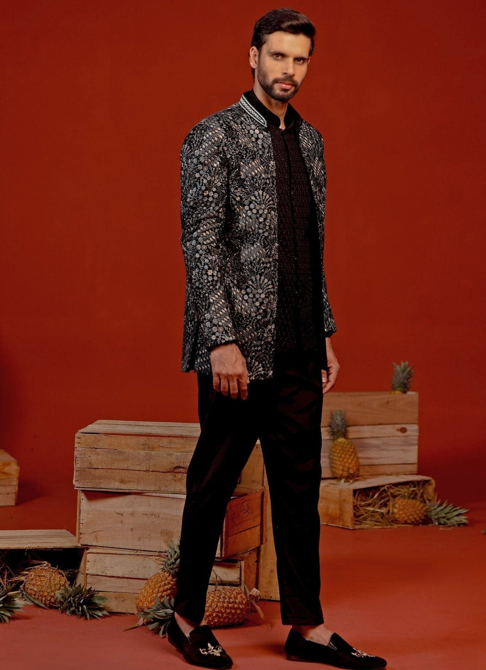 Black Hand - Embroidered Velvet Jodhpuri Suit Kalpraag - Fabilicious Fashion