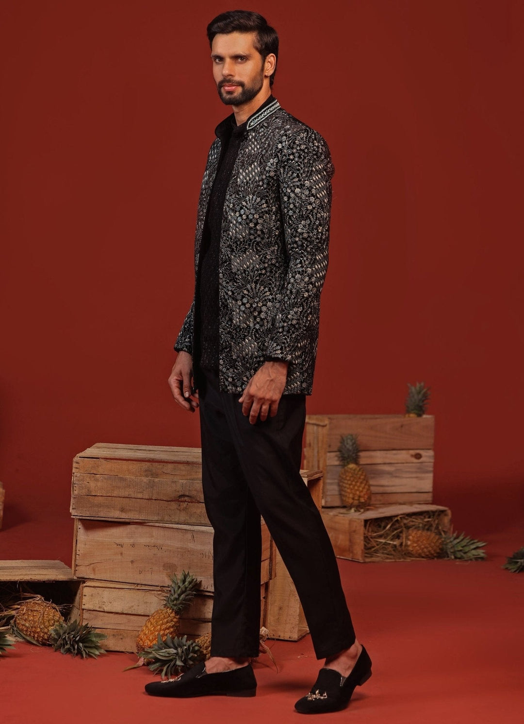 Black Hand - Embroidered Velvet Jodhpuri Suit Kalpraag - Fabilicious Fashion