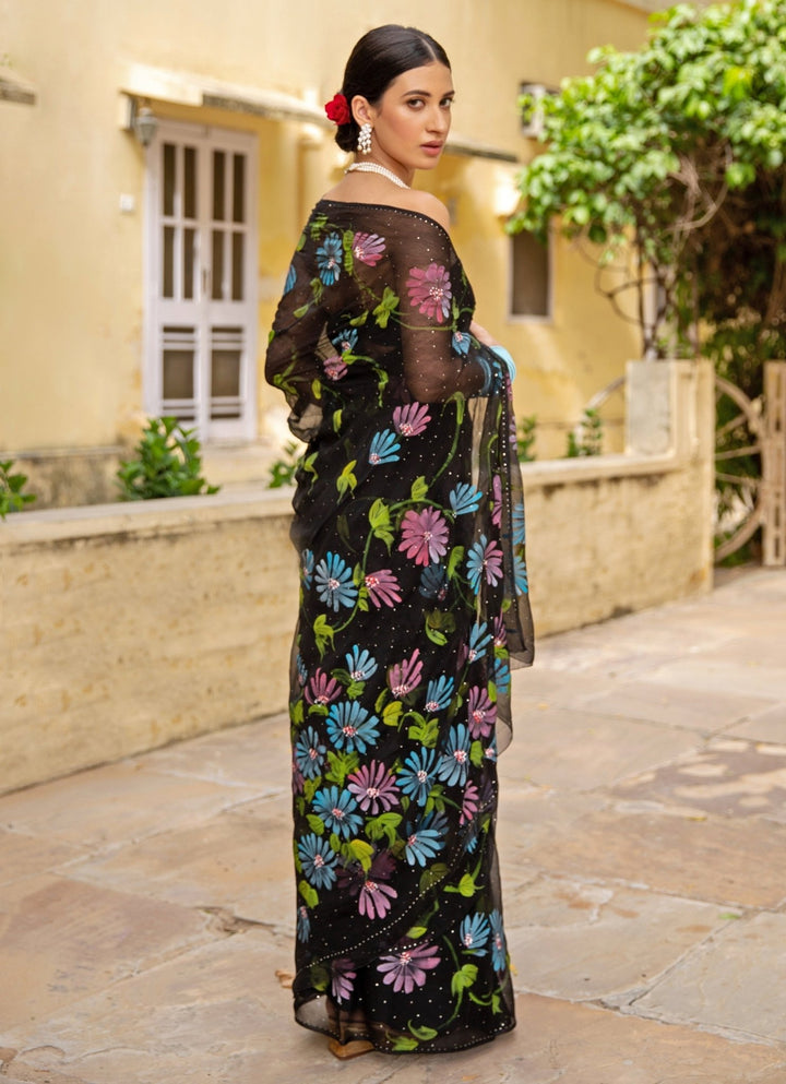 Black Hand Painted Chiffon Pre - Draped Saree Geroo Jaipur - Fabilicious Fashion