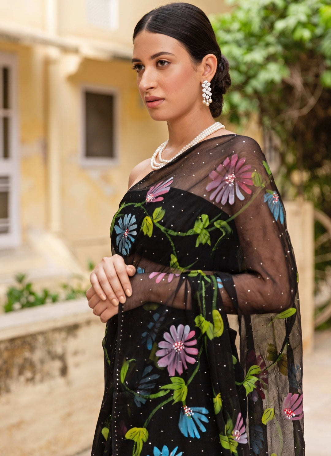 Black Hand Painted Chiffon Pre - Draped Saree Geroo Jaipur - Fabilicious Fashion