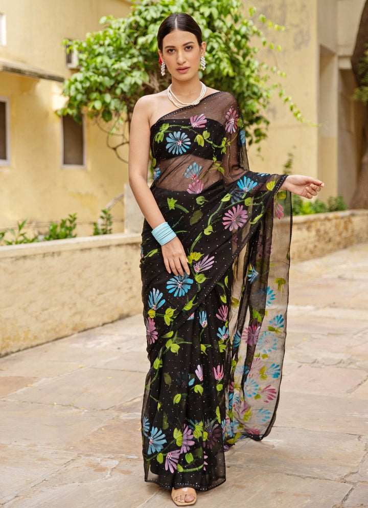Black Hand Painted Chiffon Pre - Draped Saree Geroo Jaipur - Fabilicious Fashion