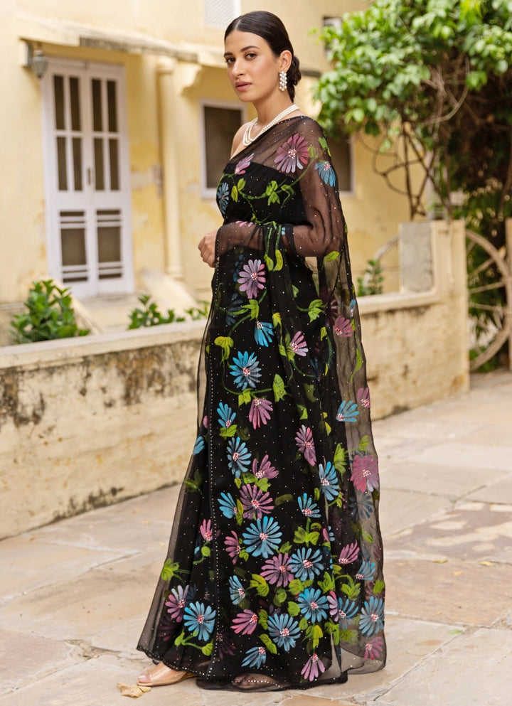 Black Hand Painted Chiffon Pre - Draped Saree Geroo Jaipur - Fabilicious Fashion