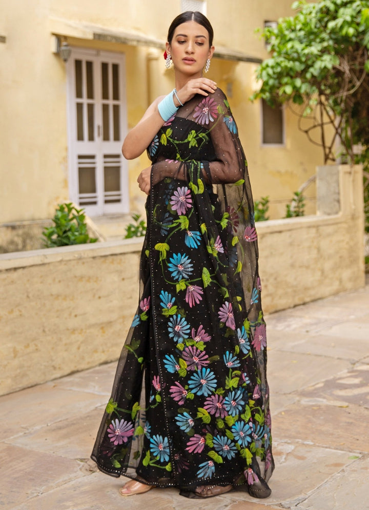 Black Hand Painted Chiffon Pre - Draped Saree Geroo Jaipur - Fabilicious Fashion
