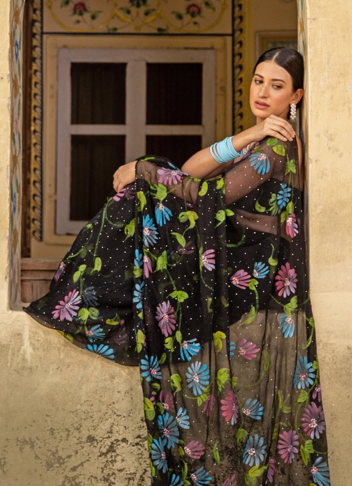 Black Hand Painted Chiffon Pre - Draped Saree Geroo Jaipur - Fabilicious Fashion