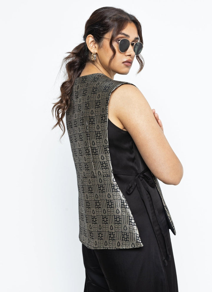 Black Jumpsuit With Brocade Silk Gilet Sobariko - Fabilicious Fashion