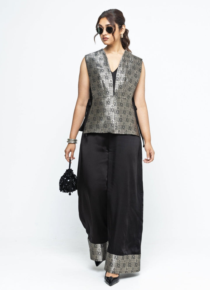 Black Jumpsuit With Brocade Silk Gilet Sobariko - Fabilicious Fashion