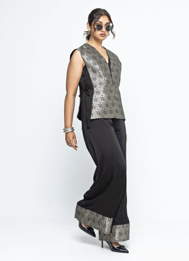 Black Jumpsuit With Brocade Silk Gilet Sobariko - Fabilicious Fashion