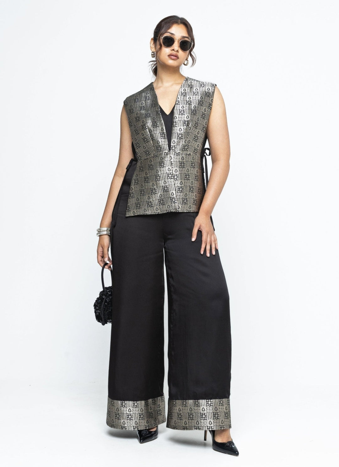 Black Jumpsuit With Brocade Silk Gilet Sobariko - Fabilicious Fashion