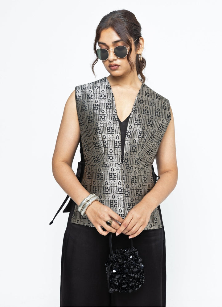 Black Jumpsuit With Brocade Silk Gilet Sobariko - Fabilicious Fashion