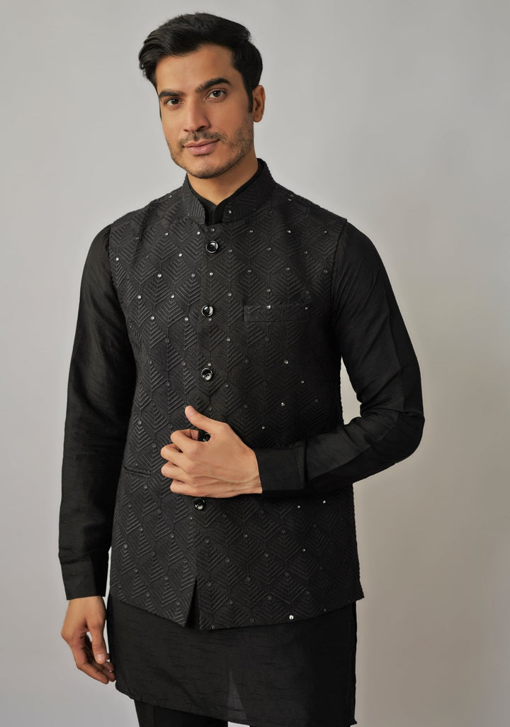 Black Kurta Pant Set with Embroidered Bandi Jacket Renee Label - Men - Fabilicious Fashion