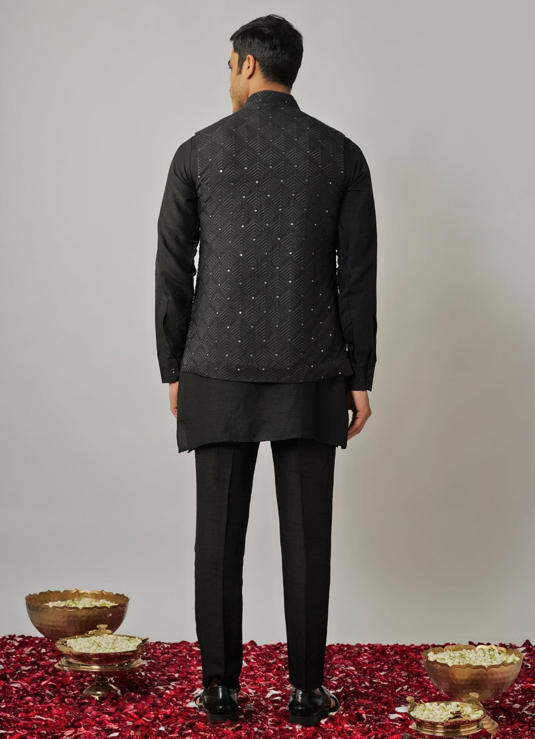 Black Kurta Pant Set with Embroidered Bandi Jacket Renee Label - Men - Fabilicious Fashion