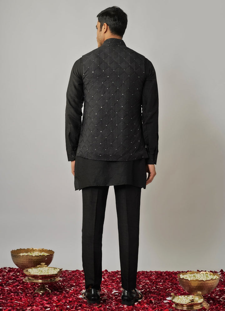 Black Kurta Pant Set with Embroidered Bandi Jacket Renee Label - Men - Fabilicious Fashion