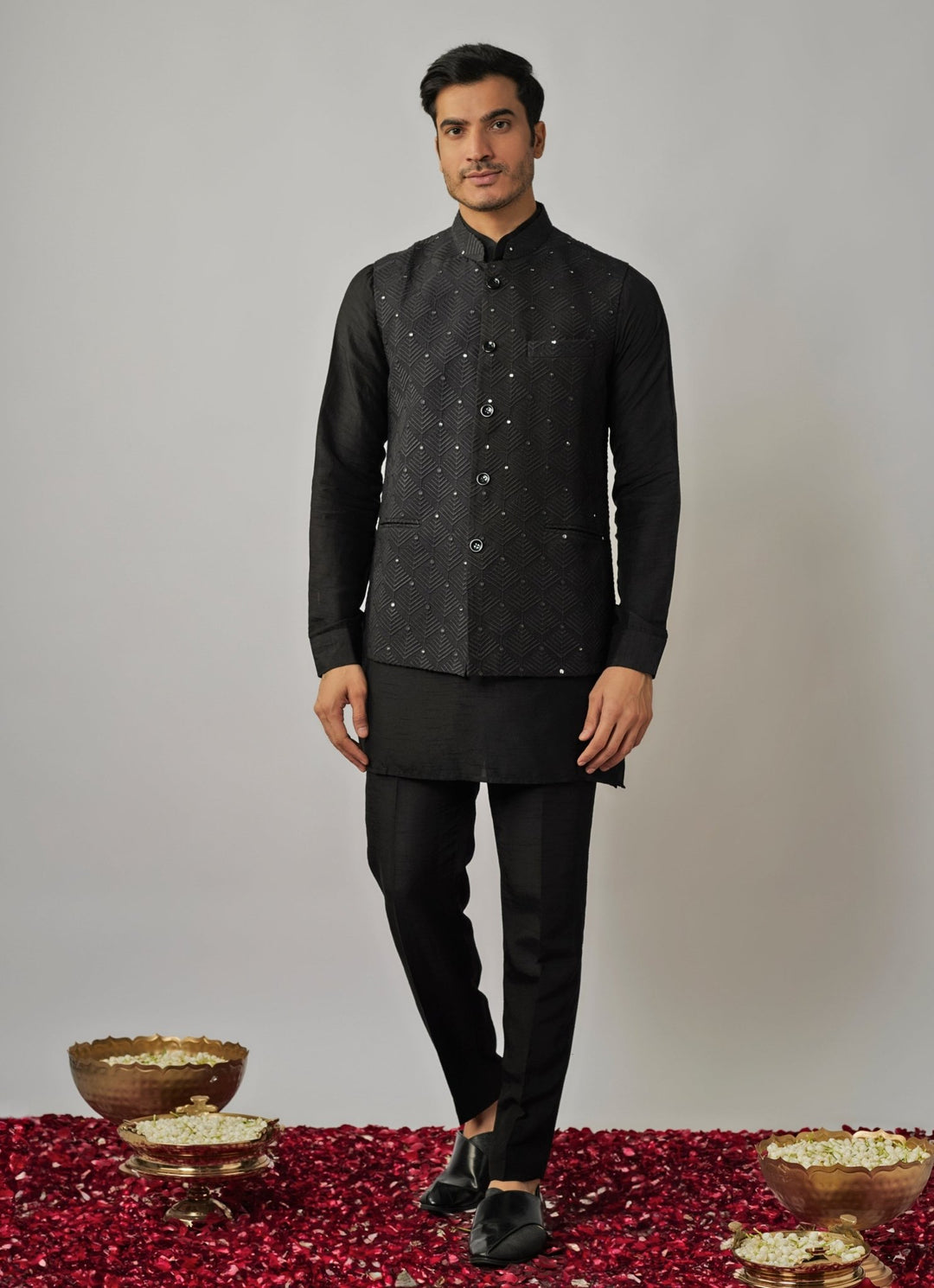 Black Kurta Pant Set with Embroidered Bandi Jacket Renee Label - Men - Fabilicious Fashion