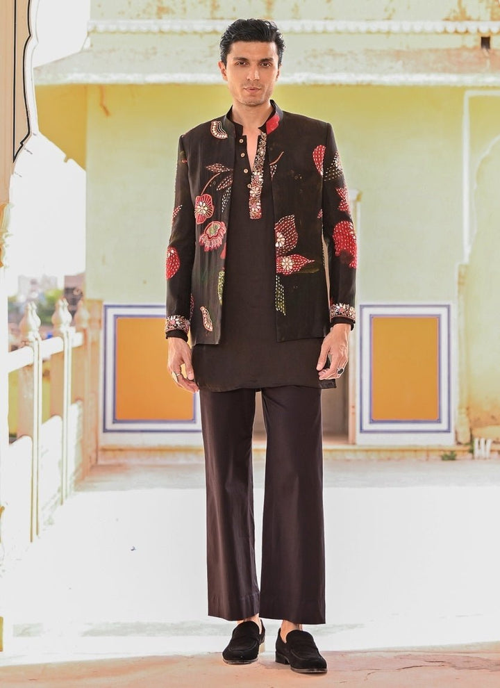 Juhi Bengani - Men Black Kurta Pants Set with Printed Organza AchkanFabilicious Fashion
