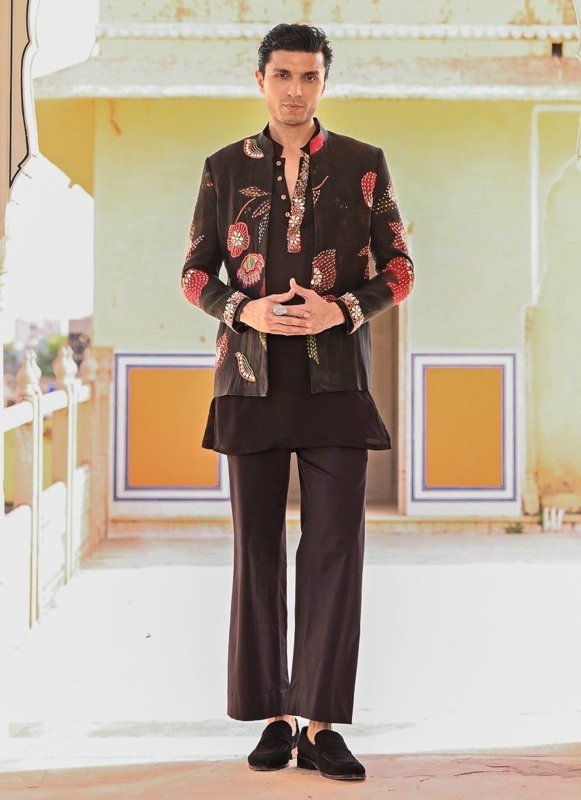 Juhi Bengani - Men Black Kurta Pants Set with Printed Organza AchkanFabilicious Fashion