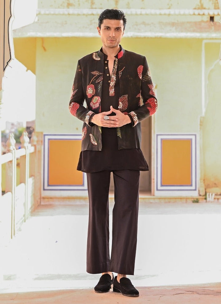 Juhi Bengani - Men Black Kurta Pants Set with Printed Organza AchkanFabilicious Fashion
