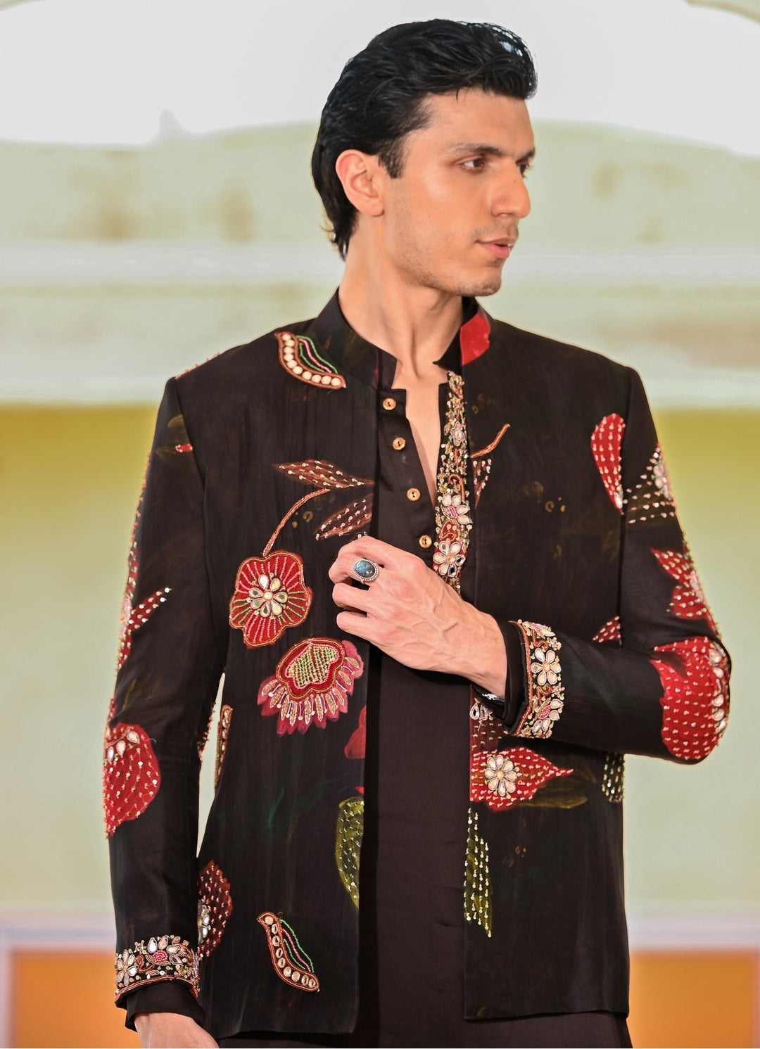 Juhi Bengani - Men Black Kurta Pants Set with Printed Organza AchkanFabilicious Fashion