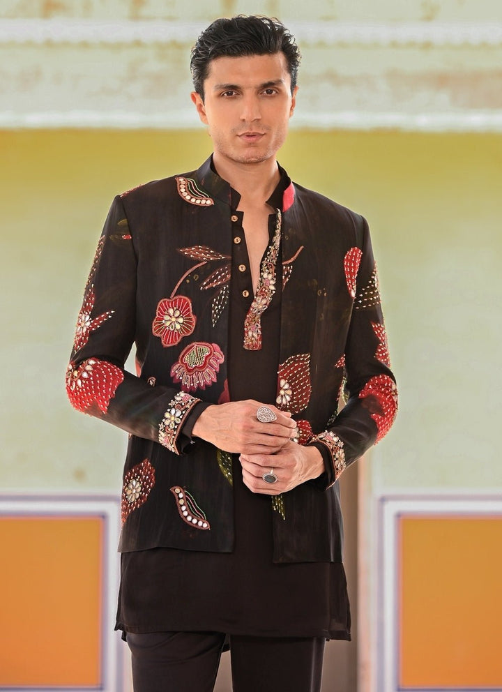 Juhi Bengani - Men Black Kurta Pants Set with Printed Organza AchkanFabilicious Fashion