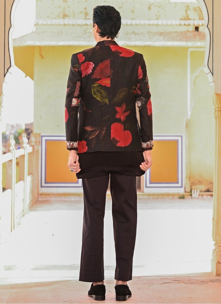 Juhi Bengani - Men Black Kurta Pants Set with Printed Organza AchkanFabilicious Fashion