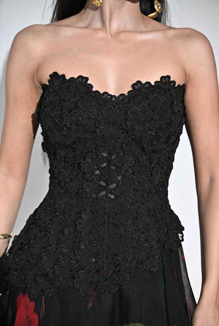 Juhi Bengani Black Lace Organza Corset Midi DressFabilicious Fashion
